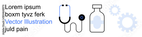 Healthcare, innovation, diagnostics, pharmaceutical, treatment, medical solutions. Stethoscope, medicine bottle and gears . Healthcare and innovation concepts visually communicated