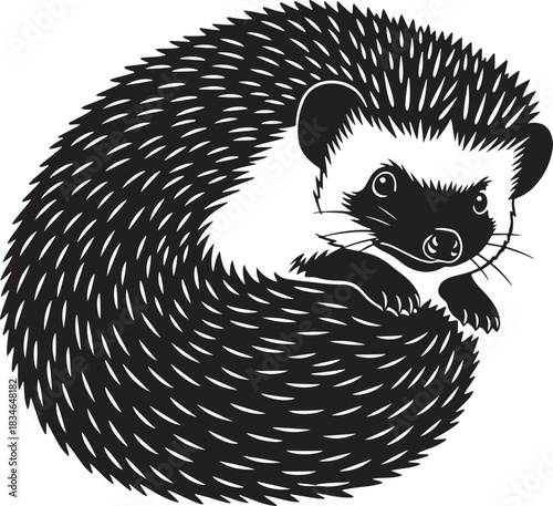 Detailed graphic illustration of a charming hedgehog curled into a protective ball, looking directly at viewer.