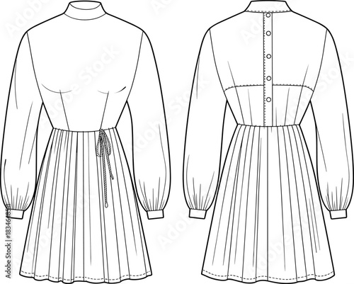 Fashion flat sketch of a long sleeve high neck dress with drawstring waist and gathered skirt technical drawing