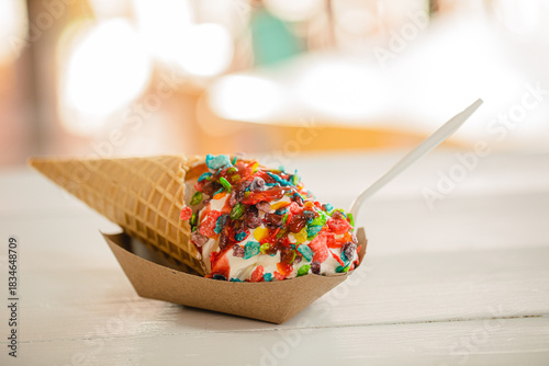 фотографія A vanilla ice cream cone topped with colorful fruity pebbles cereal