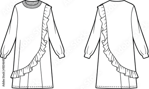 Fashion flat sketch of a long sleeve ruffled dress front and back views drawing illustration
