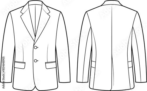 Fashion flat sketch of a men's two-button blazer front and back views with notched lapels technical drawing