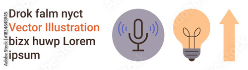 Business innovation, podcasting, creative ideas, growth strategies, education, media. Microphone emitting sound waves, light bulb and upward arrow. Podcasting and business innovation concept