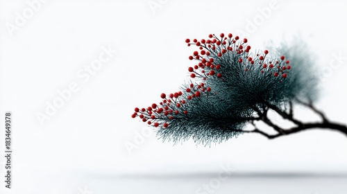 Detailed close up of a dark green pine branch with small red berries against a white background