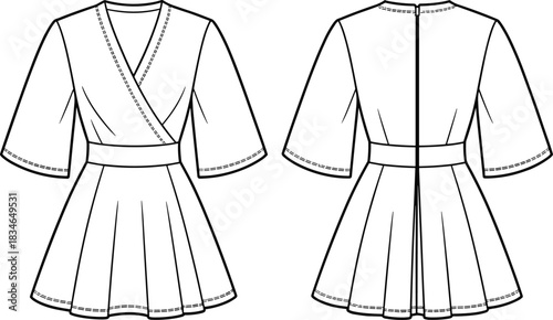 Fashion sketch front and back view of a short wrap dress with a belted waist and flared pleated skirt
