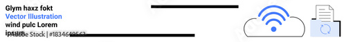 Data management, cloud storage, synchronization, wireless connection, online data access, digital sharing. Cloud icon with wireless signal and document. Cloud storage and data synchronization concept