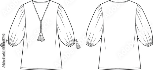 Front and back fashion flat sketch of a white peasant blouse with tassel detail technical drawing