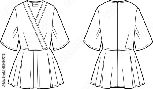 Front and back fashion flat sketch of a white wrap top with pleated skirt detail technical drawing