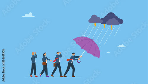 Protective leader protect team colleagues from thunderstorm. Aspiration or support for employee to solve problem and get through crisis, adversity, risk or organization thunderstorm problem.