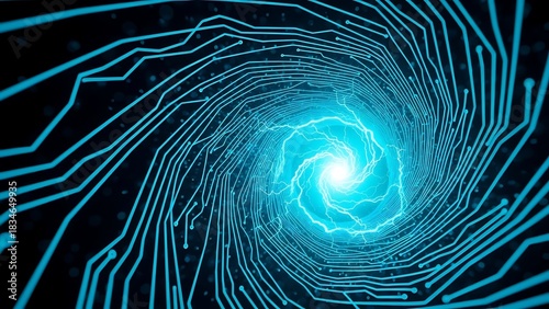 Abstract technology background with glowing blue circuit lines and an energy vortex.