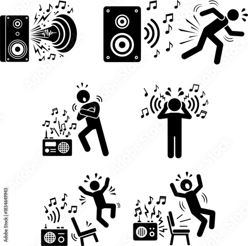 Loud Music Sound System Icon Set Stick Figure Pictogram