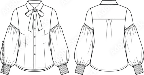 Fashion CAD drawing flat vector illustration, elegant women's blouse technical sketch with neck bow tie detail, voluminous puff sleeves, and fitted bodice.