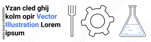 Education, science, engineering, technology, food sustainability, research. Minimalist vector showing a fork, gear and laboratory flask. Science and engineering