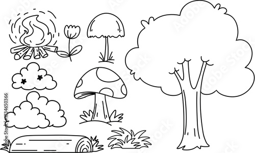 Hand-drawn adventure and outdoor line art icon set vector