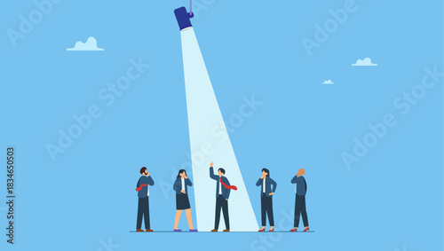 Winner job candidate with spotlight shining. Outstanding employee or spotlight winning candidate, talent recruitment or best employee, job opportunity vacancy, HR hiring, candidate selection.