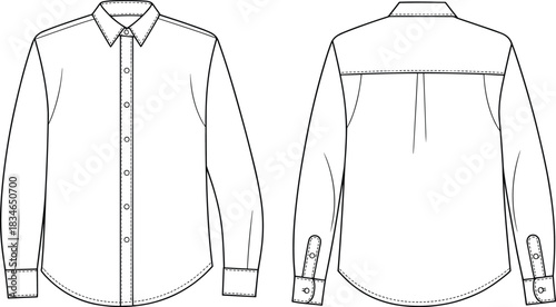 Front and Back View of a Button- Up Collared Shirt in Black and White Line Drawing button-up long sleeve