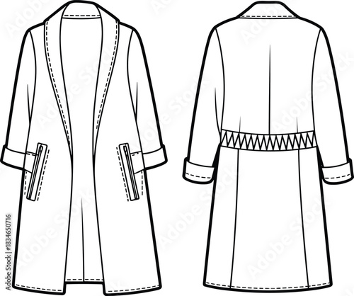 Front and back view of a long open-front cardigan or coat with pockets and belt detail jacket outerwear