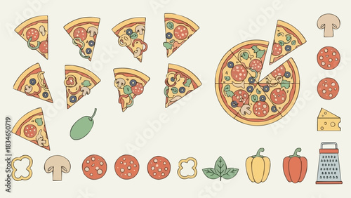 Delicious Pizza Illustration with Toppings and Slices.
