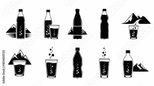 Soda bottle and glass collection with mountain backdrop illustration.