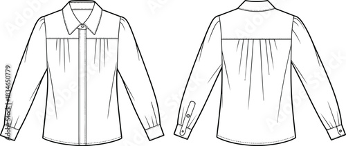 Front and back view of a long sleeve collared blouse with pleats and button closure shirt garment
