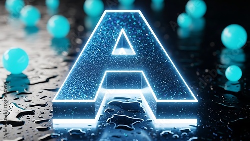 A glowing neon letter A on a wet surface with abstract digital spheres.