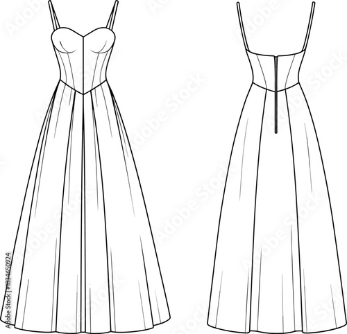 Front and Back View of a Strapless Gown with Full Skirt in Black and White Line Drawing dress evening wear