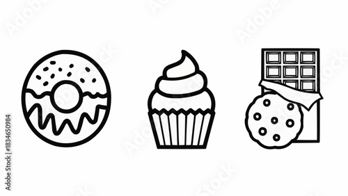 Delicious Assortment of Sweet Treats and Desserts Line Art Icons.