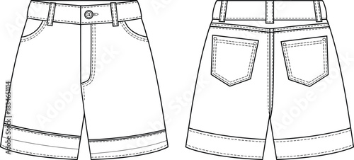Front and back view of denim shorts with pockets and button closure jeans trousers