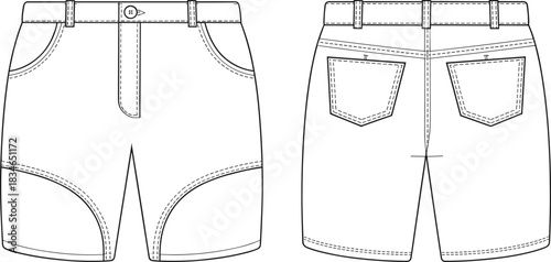 Front and back view of white denim shorts fashion flat sketch vector illustration