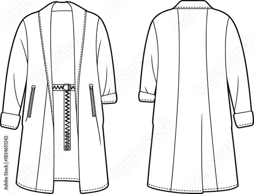 Technical fashion illustration of a long open-front coat with zipper details and cuffed sleeves drawing