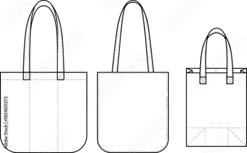 Three different sizes and styles of tote bags shown from the front with handles handbag shopping bag
