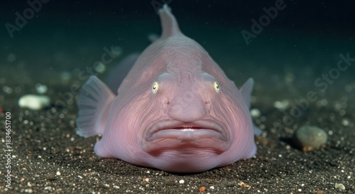 Underwater portrait captures the unique and doleful expression of a blobfish residing on the dark