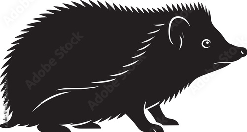 Stylized black silhouette of a wild hedgehog, side profile, isolated graphic illustration on a clean backdrop.