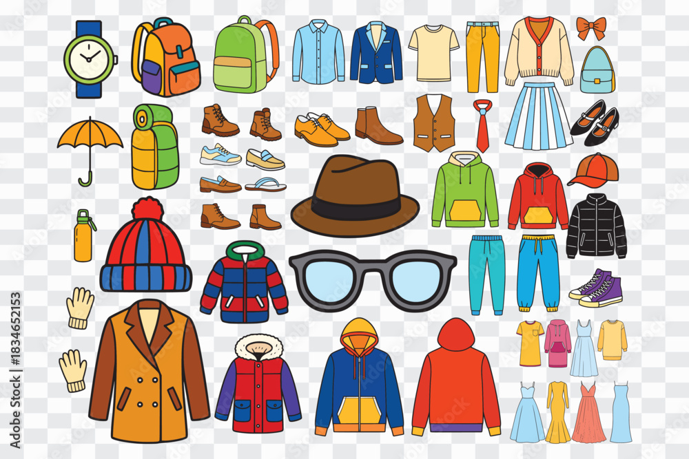Fototapeta premium Collection of various cartoon clothing and accessories Fashion Clothing and Accessories Vector Set in Color and Outline Stylish Apparel Icons Bundle – Line Art and Color Collection