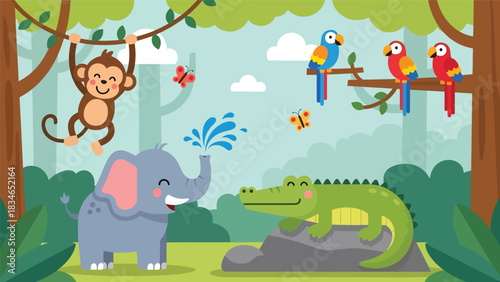 Flat style cute kids vector illustration of happy jungle animals near a waterfall including monkey, elephant, crocodile, and parrots. Ideal for children books, posters, and education themes