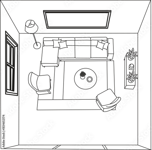  Simple and modern drawing room top view line art vector.