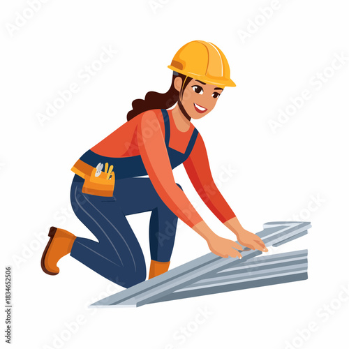 A female construction worker, wearing a hard hat and overalls, kneels while working on a metal roof, demonstrating building and construction.