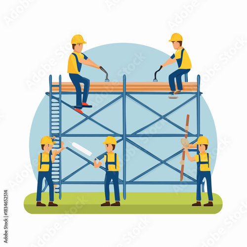 Construction workers are busy building a structure, using scaffolding and various tools to complete the project with teamwork and precision.