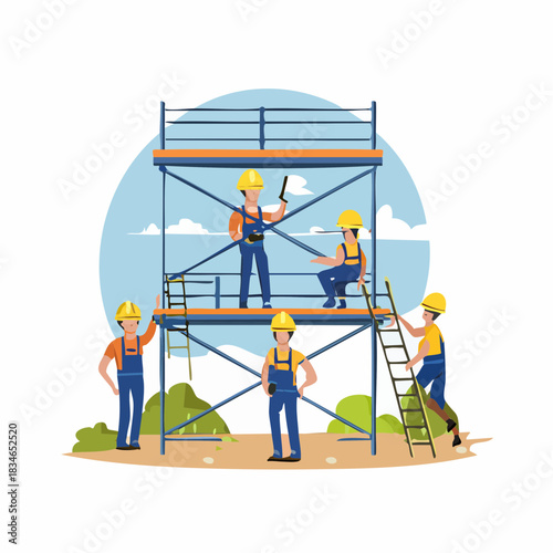 Construction workers in yellow hard hats and blue overalls assemble scaffolding on a construction site, demonstrating teamwork and safety awareness.