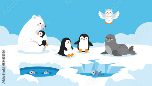 Flat cute kids vector featuring polar bear, penguins, seal, and snowy owl in a frozen winter habitat. Ideal for educational posters, flashcards, and playful winter content