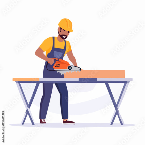 A carpenter in a yellow hard hat and overalls uses a power saw to cut a wooden plank on a work table, creating a construction scene.