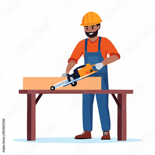 A skilled carpenter wearing a safety helmet carefully uses a power saw to cut a wooden plank on a sturdy workbench for construction.