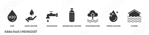 Water Matters Icons set vector illustration glyph with H2o, Save water, Tap water, Sparkling water, Evaporation, Fresh water, Flood
