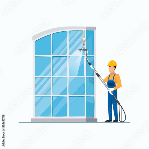 A window cleaner uses a pressure washer to clean a large window, ensuring a spotless and clear view in a modern building.