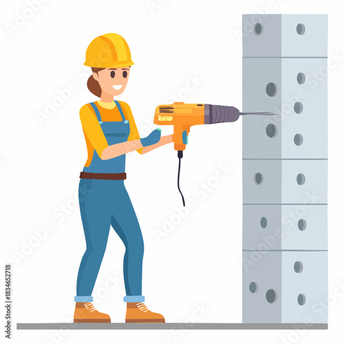 A cheerful female construction worker wearing a yellow hard hat drills into a concrete block, ready for building.
