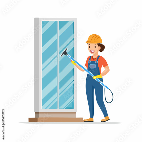 A cheerful window cleaner, wearing a hard hat and overalls, diligently cleans a large glass window with a professional squeegee tool, ensuring a spotless and clear view.