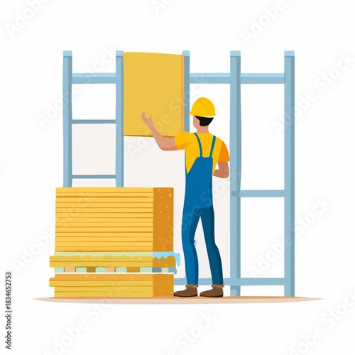 A construction worker in a yellow hard hat and blue overalls is placing a yellow board on a rack, showcasing building materials.