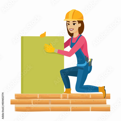 A cheerful female construction worker kneels, placing a green building block on wooden beams, showcasing her skills and dedication to the construction trade.