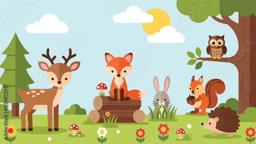 Flat cute kids vector meadow scene with deer, fox, rabbit, squirrel, owl, and hedgehog surrounded by flowers. Great for nursery decor, preschool content, and children design