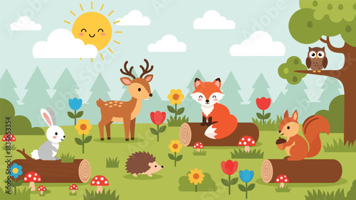 Flat cute kids vector meadow scene with deer, fox, rabbit, squirrel, owl, and hedgehog surrounded by flowers. Great for nursery decor, preschool content, and children design